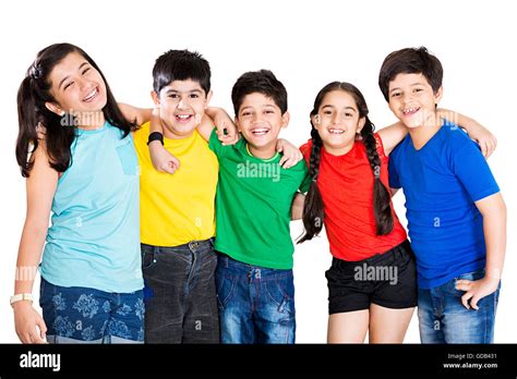 5 Kids Boys And Girls Friends Arm Around Standing Stock Photo