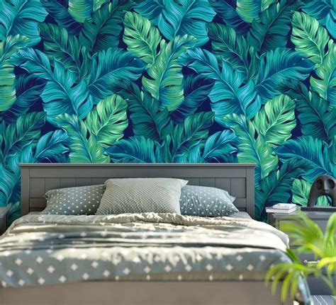 Turquoise And Green Tropical Leaves Wallpaper Dark Blue Etsy