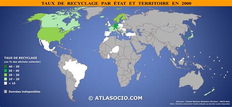 Carte du monde : taux de recyclage (% déchets collectés ...