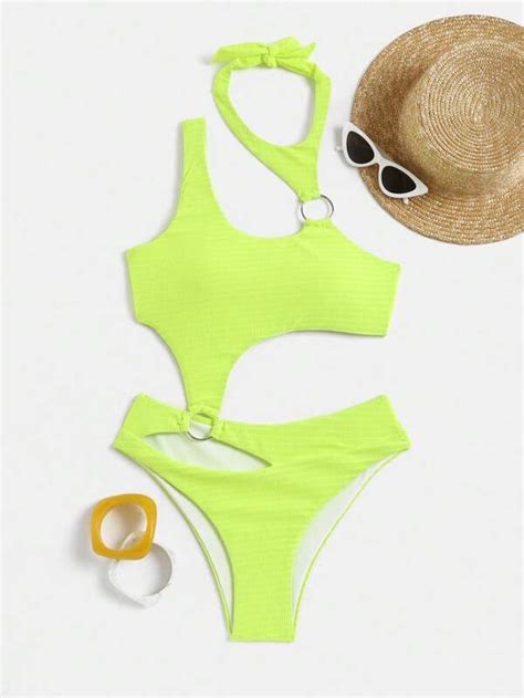 Shein Swim Y Glam Neon Lime Ring Linked Cut Out One Piece Swimsuit