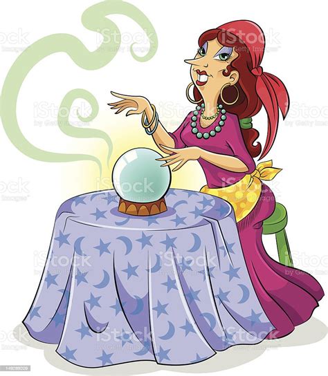 Cartoon Illustration Of A Fortune Teller With A Crystal Ball Stock