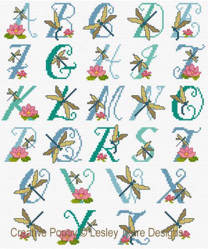 Lesley Teare Designs Alphabet Aux Libellules Grille Broderie Point