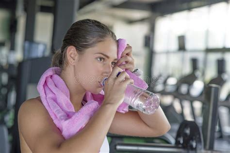 Fitness Woman Drinking Water From Bottle Muscular Young Female Stock