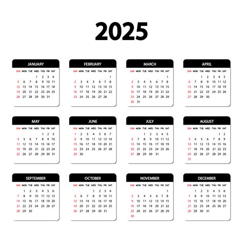 Calendario 2025 Año La Semana Empieza El Domingo Plantilla Anual De Calendario Inglés 2025