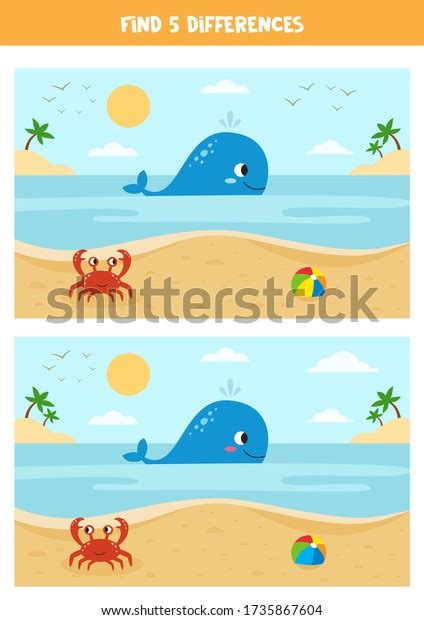 Find Five Differences Educational Game For Kids Sea Landscape With
