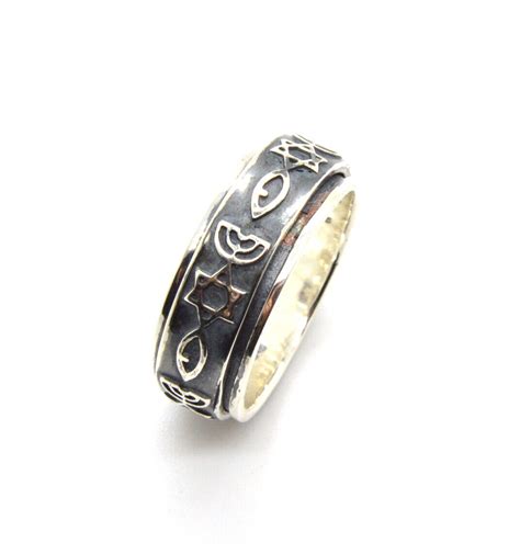 925 Sterling Silver Grafted In Messianic Spinner Ring Star Menorah Fish