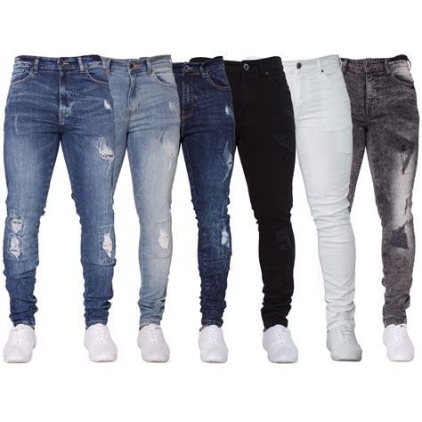 New Enzo Mens Skinny Super Stretch Fit Ripped Denim Jeans All Waist Blue Black Ebay