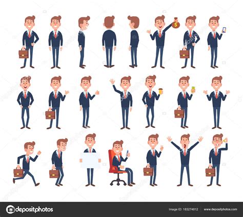 Set Business Man Different Poses Vector Cartoon Character Flat Style