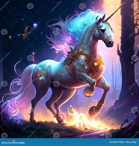3d Rendering Of A Fantasy Unicorn In A Magical Forest At Night