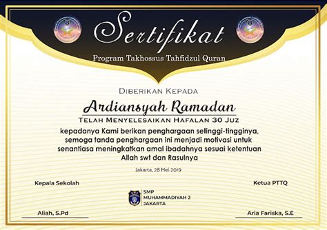 Desain Sertifikat Tahfidz Quran Smp Muhammadiyah 2 Jakarta