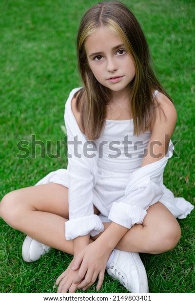 Pretty Tween Girl White Clothes Sitting Stock Photo 2149803401