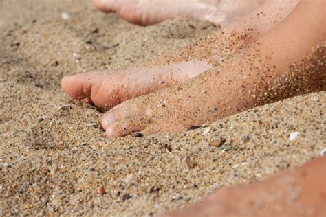 Woman Tanned Legs On Sand Beach Travel Concept Stock Image Image Of