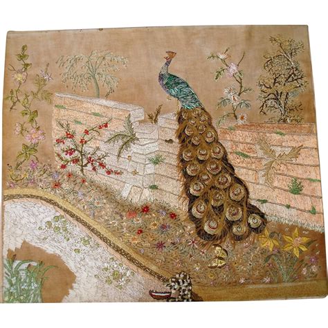 Large silk embroidery peacock and flowers : Susieschoice | Ruby Lane