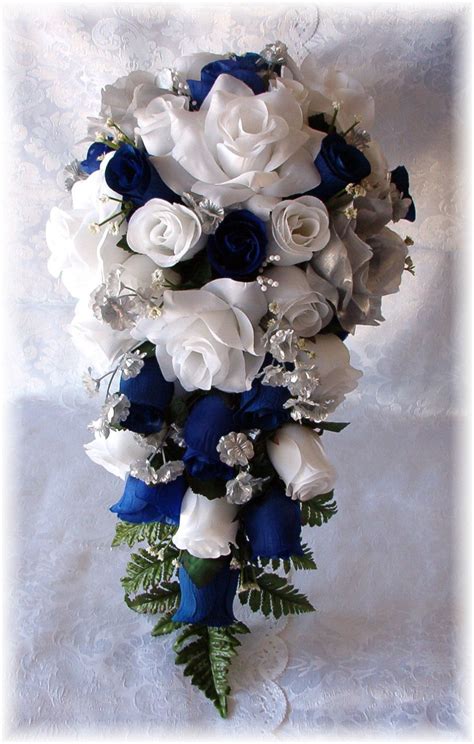 Royal Blue Horizon Wedding Bouquet Cascade 21pc White Silver Silk