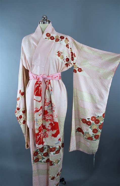 1960s Vintage Silk Kimono Robe Furisode In Pastel Pink And Red Floral