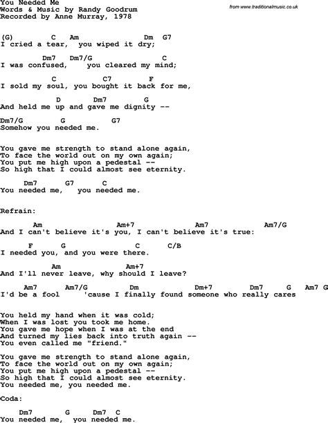 Song Lyrics With Guitar Chords For You Needed Me Anne Murray