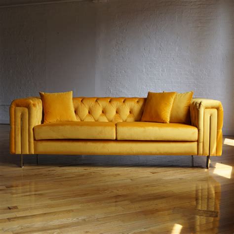 Modern Chesterfield Marigold Yellow Velvet Sofa Aptdeco