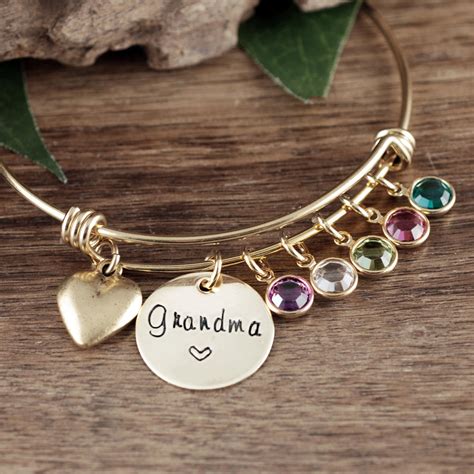 Personalized Grandma Bracelet With Birthstones Custom Bangle Etsy
