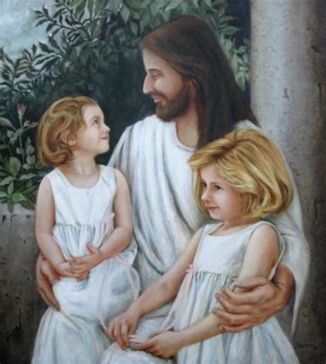 Oil Painting Of Little Girls With Jesus Portrait Girl Portrait Jesus