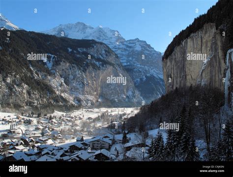 View Down The Lauterbrunnen Valley Towards The Jungfrau In The Winter