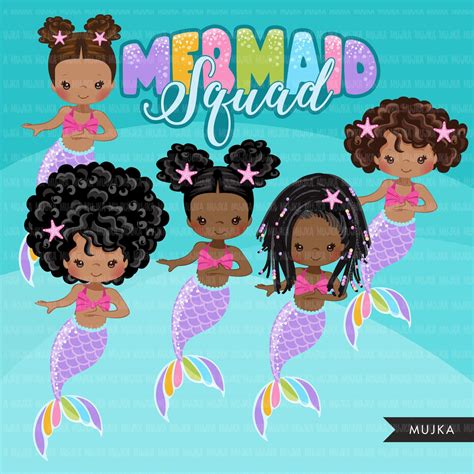 Mermaid Clipart Rainbow Mermaid Graphics Black Mermaid Princess Mer