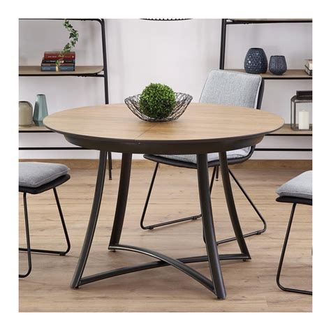 Table ronde design avec rallonge plateau bois pied métal gris Steel