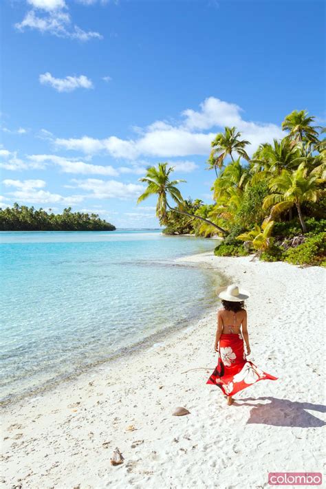 Tourist On Idyllic Tropical Beach Of One Foot Island Aitutaki Cook