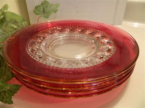 Set Of 4 Vintage Tiffin Franciscan Cranberry Flash Kings Crown Thumbprint Luncheon Plates By