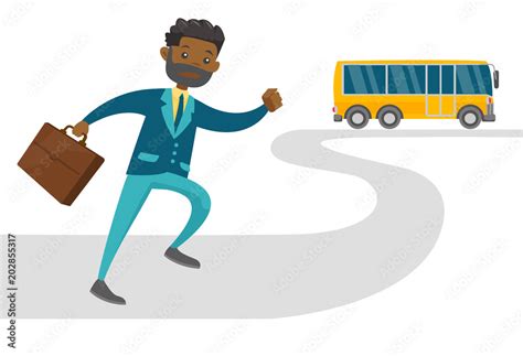 Black Late Businessman With Briefcase Running For An Outgoing Bus