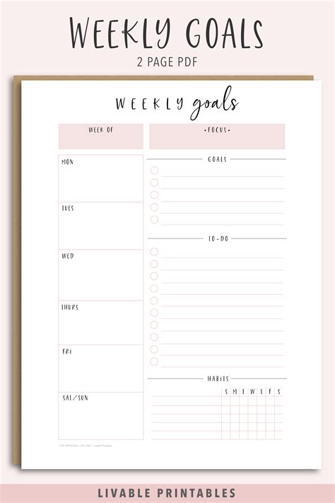 Weekly Goal Planner Printable Pdf Etsy Weekly Planner Template