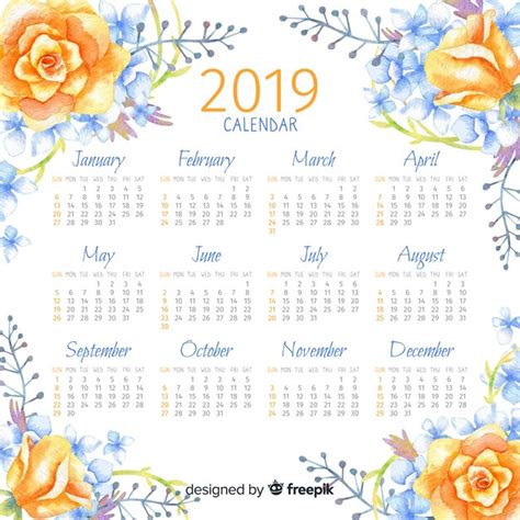 Free Vector Watercolor 2019 Calendar