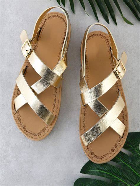 Asymmetrical Strap Sling Back Flat Sandal Gold Sheinsheinside Lace