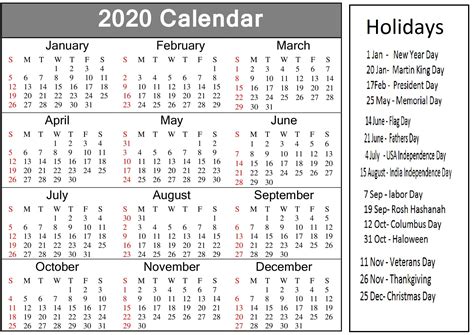 Printable Usa 2020 Calendar With Holidays Example Calendar Printable
