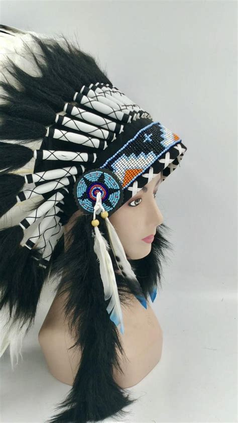 Indian Headdress Replica Blue Black And White Feathers Short Etsy