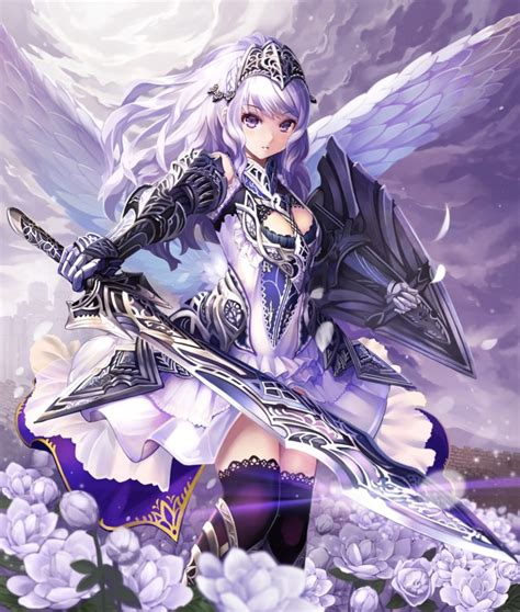 Anime Anime Girls Flowers Sword Wings Original Characters Thigh