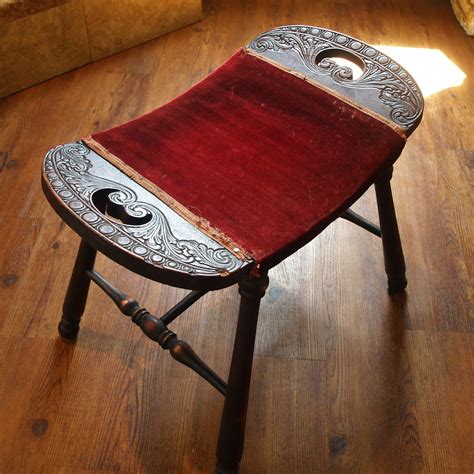 20s Antique Wood Stool Turned Leg Saddle Seat Red Upholstered William