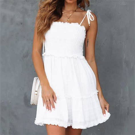 Women White Summer Dress Casual Solid Above Knee Dresses Sleeveless Loose Party Mini Dress Women