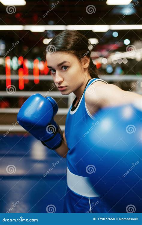 Woman In Blue Boxing Gloves Hits In Camera Stock Photo Image Of