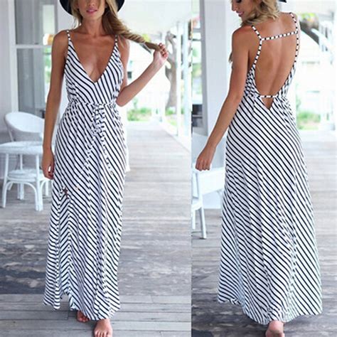 Women Sexy V Neck Stripe Backless Pattern Spaghetti Strap Long Maxi Dress For Beach Party