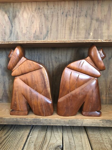 Vintage Wood Carved Bookends With Siesta Mexicans Motif Sturdy Etsy