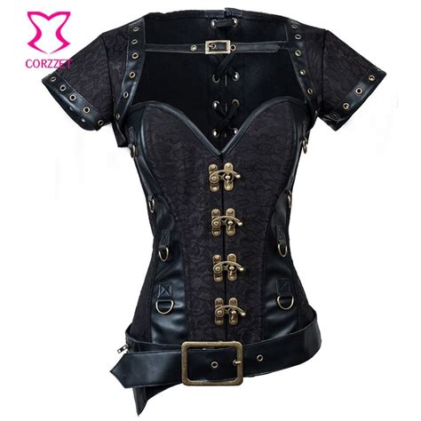 Black Brocadeandleather Corsetto Steampunk Corset Steel Bone Waist Slimming Corsets And Bustiers