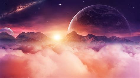 Download Sky Galaxy Cloud Mountain Sunbeam Sunset Moon Planet Sci Fi
