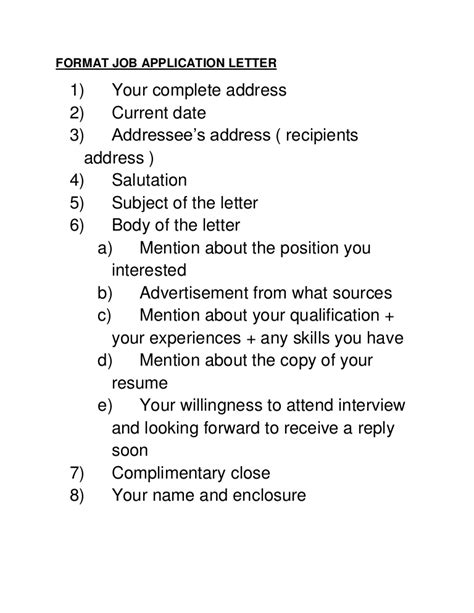 Address the job to the employer, or, if you don't know to whom to address the letter, you can say to whom it may concern, or simply begin with your first paragraph. Format job application letter