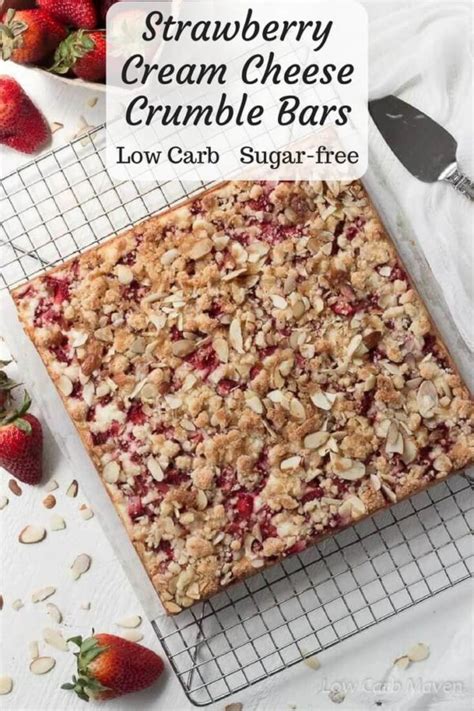 Low carb chocolate pie that has a silky smooth sugar free chocolate pudding filling in a melt in your mouth almond flour and butter crust. Strawberry Cream Cheese Crumble Bars | Low Carb Maven
