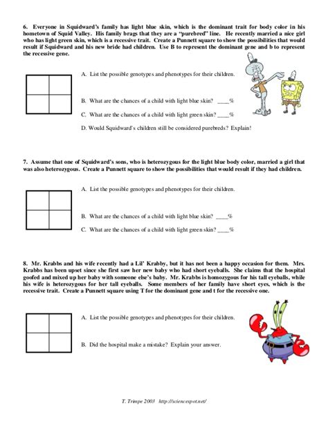 Create a punnett square using t for the dominant gene and t for the recessive one. Sponge bob genetics