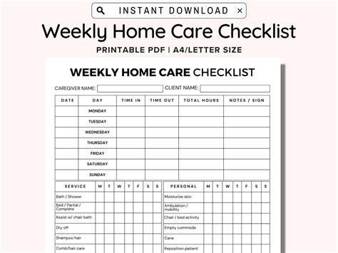 Weekly Home Care Checklist Printable Monday Start Caregiving Elderly Care Checklist Printable