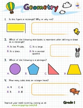 We help students from years 1 to 11 to improve their maths with targeted worksheets. Geometry Printable Worksheets for Grade 1 by ArgoPrep | TpT