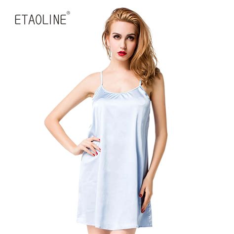 Etaoline Ladies Sexy Satin Night Dress Lace Women Sleepwear Sleeveless Nighties V Neck