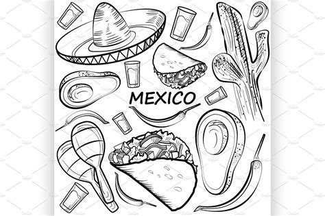 The Mexican Food Is Drawn In Black And White
