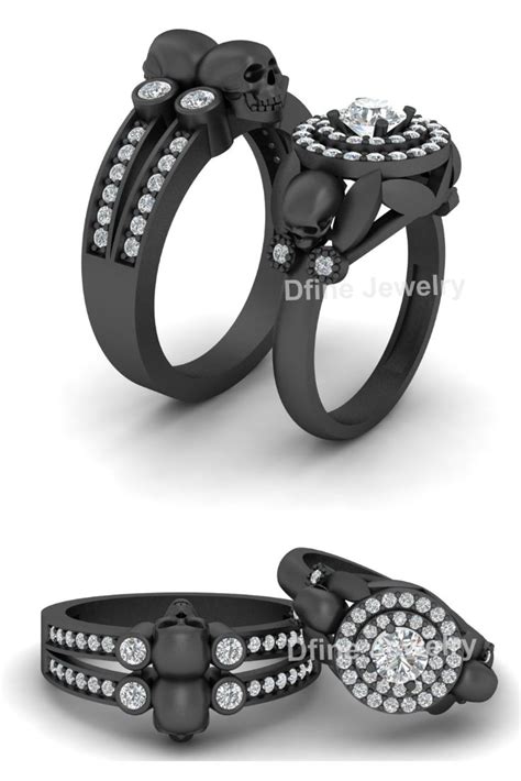 Halo Diamond Skull Couple Rings Gothic Skull Wedding Ring Set His Hers
